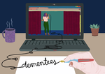 Een animatie van een laptop met daaro peen zingende vrouw en een hand die met vulpen het woord 'Dementees' schrijft.