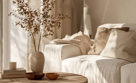 Bézs nappali kanapéval és asztallal