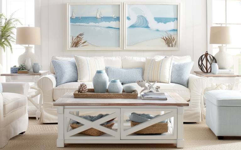 Wohnzimmer in Meeresblau und Beige