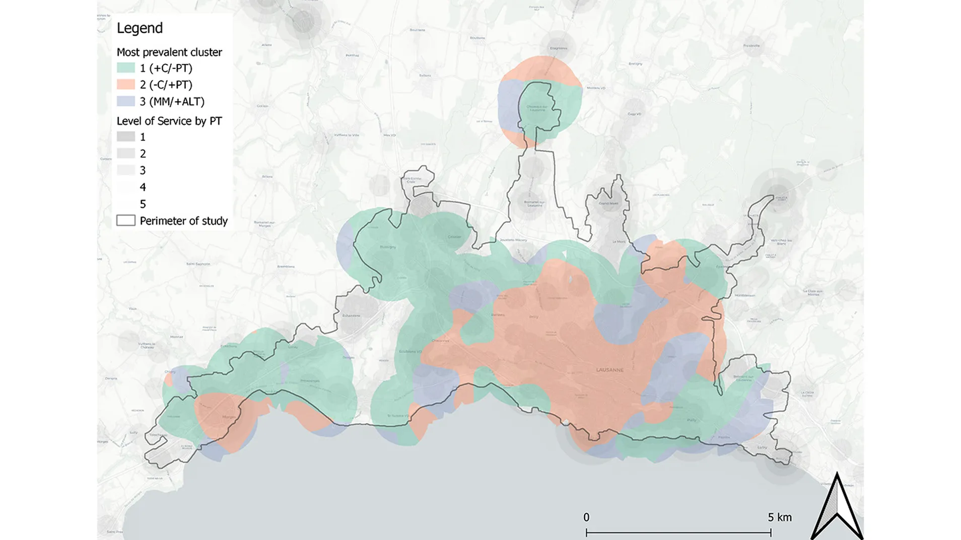 Im Stadtzentrum von Lausanne sind öV-Nutzer (Cluster 2; orange) stark vertreten, während Auto-Nutzer (Cluster 1; grün) in den Subzentren grosses Gewicht haben. Dazwischen gibt es Gebiete mit einer starken Vertretung von Personen, die verschiedene Verkehrsmittel nutzen und eine Affinität zum Velo haben (Cluster 3; violett). Nicht auf der Grafik dargestellt sind die Vertreter von Cluster 4: Sie verteilen sich auf den ganzen Untersuchungsperimeter und sind in allen Gebieten die am stärksten vertretene Clustergruppe. © Hansen