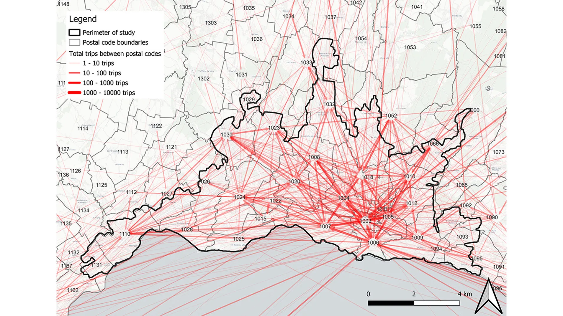 Grafische Darstellung der Strecken, die die 767 in der Arbeit repräsentierten Personen in der Agglomeration von Lausanne während eines Vier-Wochen-Zeitraums zurückgelegt haben. Erfasst wurden öffentliche oder private Verkehrsmittel, aber auch Wege zu Fuss. © Hansen