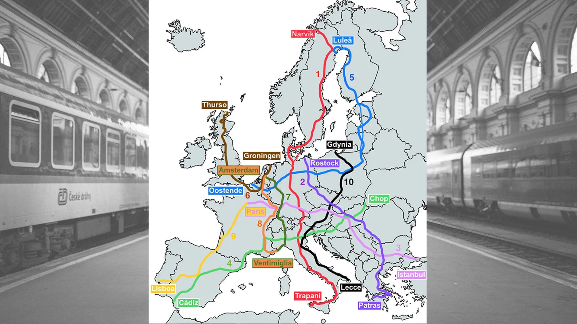 Diese zehn Bahnkorridore – angelehnt an die Hauptkorridore des Trans-European Transport Network (TEN-T) – standen im Zentrum der Untersuchung von Matthias García. Für jeden der Korridore sind bis 2050 mehrere Neubaustrecken geplant. © García / Pexels