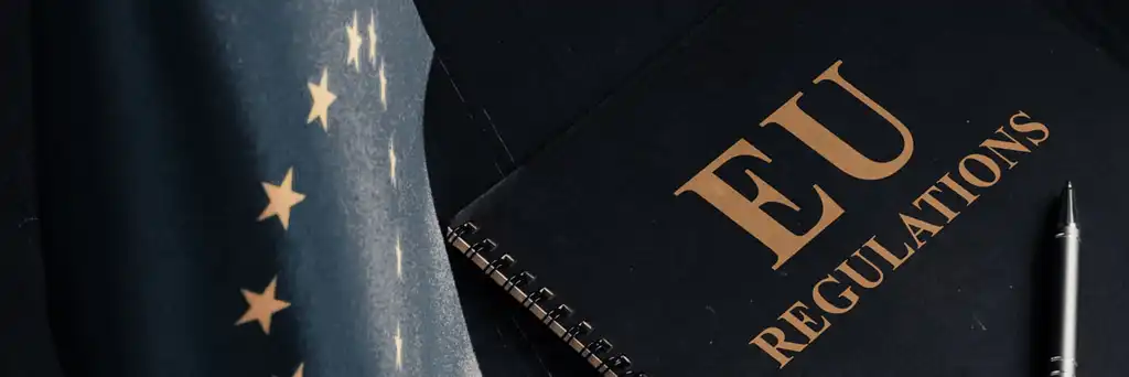 Schwarzes Buch mit der Aufschrift EU Regulation neben Europa-Flagge