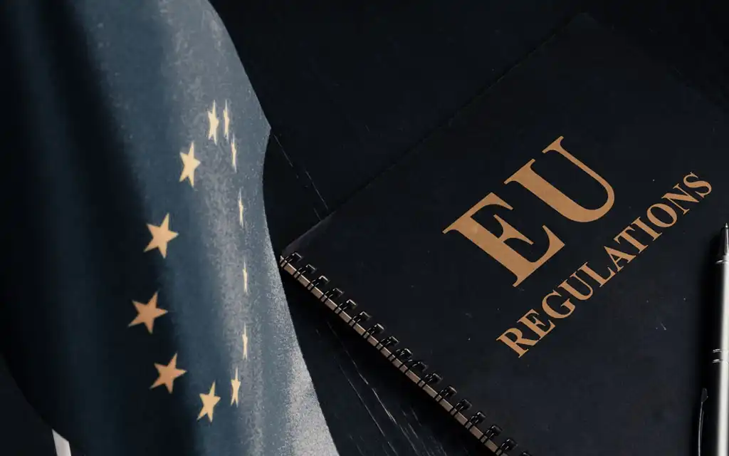 Schwarzes Buch mit der Aufschrift EU Regulation neben Europa-Flagge