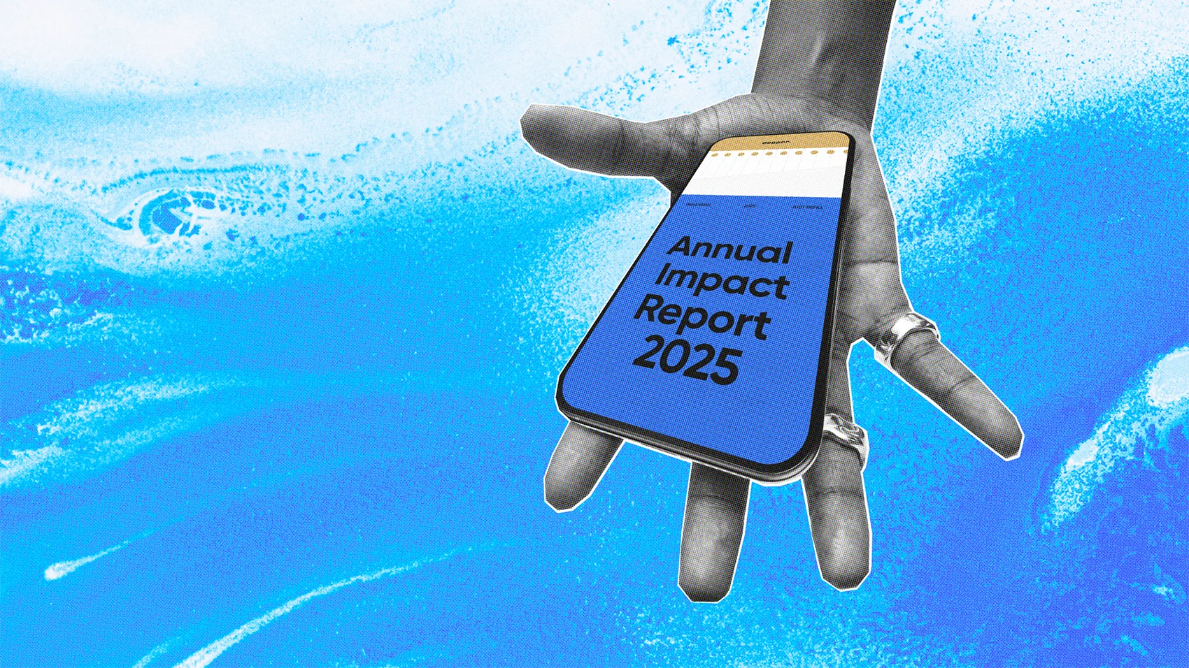 A hand holding a smartphone displaying the text "Annual Impact Report 2025" of Dopper against a blue abstract background.