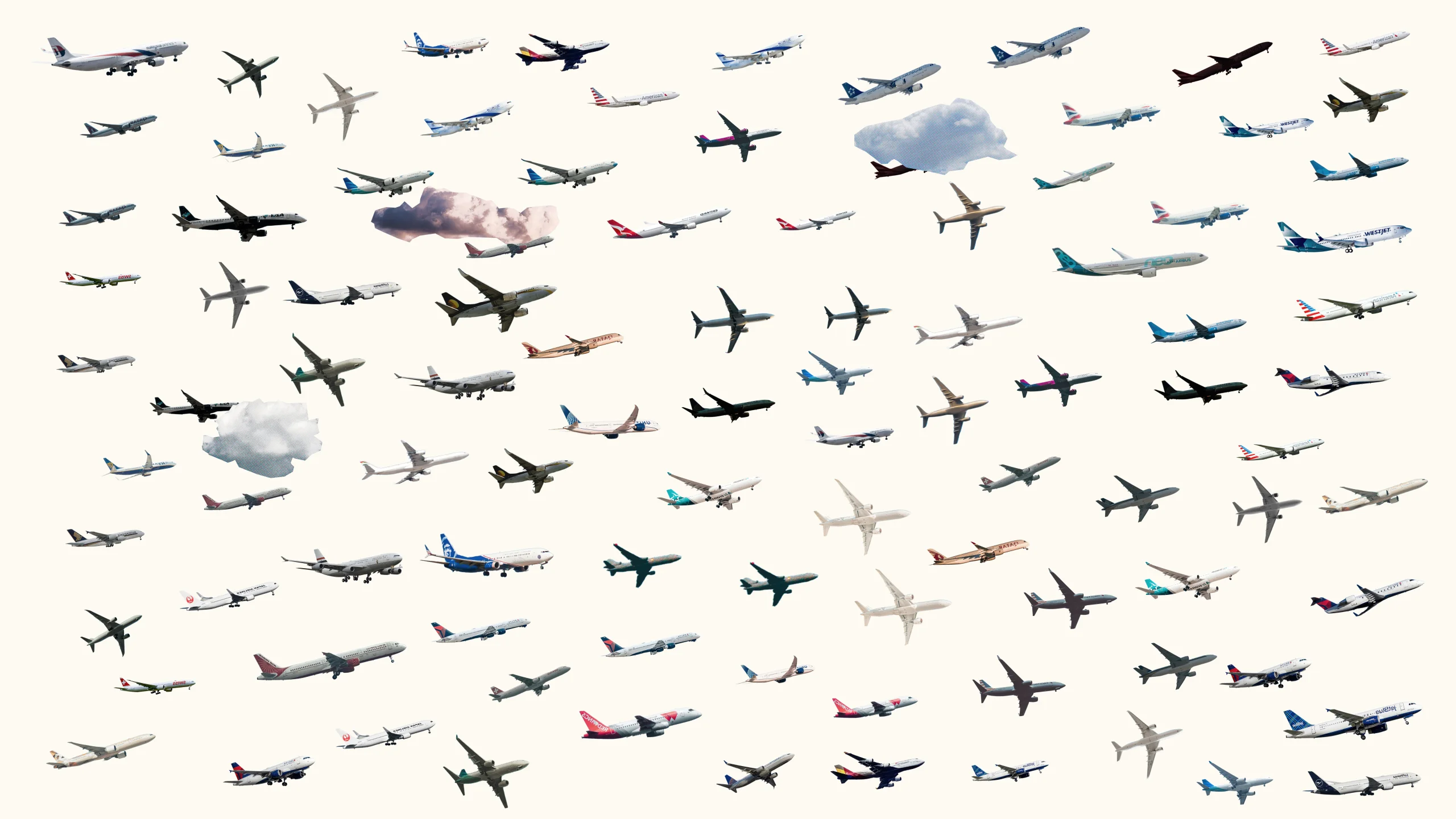 Many airplanes of various models and airlines flying against a light background, resembling a collage.
