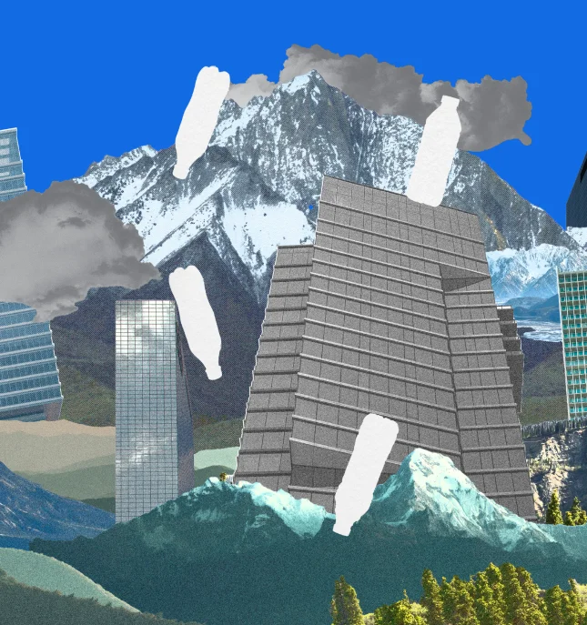 Surreal collage of modern skyscrapers and snow-capped mountains against a bright blue sky, with white clouds scattered throughout.