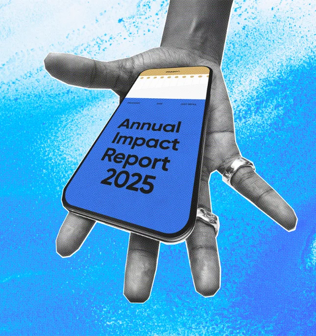 A hand holding a smartphone with "Annual Impact Report 2025" for Dopper on the screen, set against a blue background.