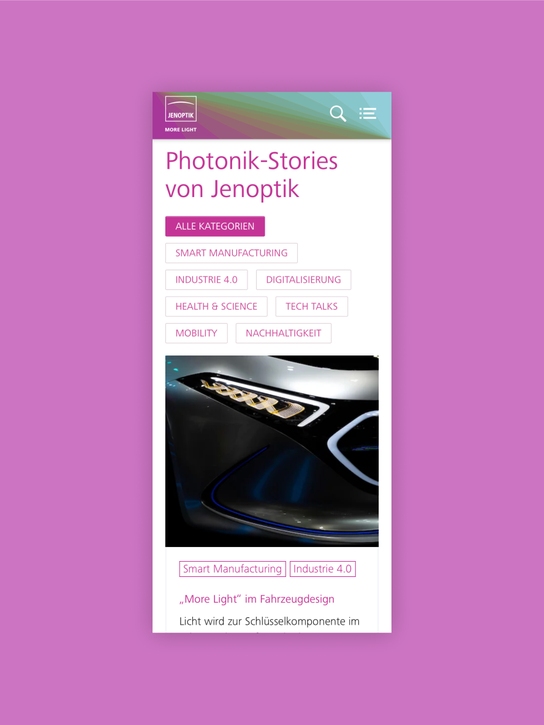 Mobile Ansicht der Jenoptik Website inkl. Photonik-Stories