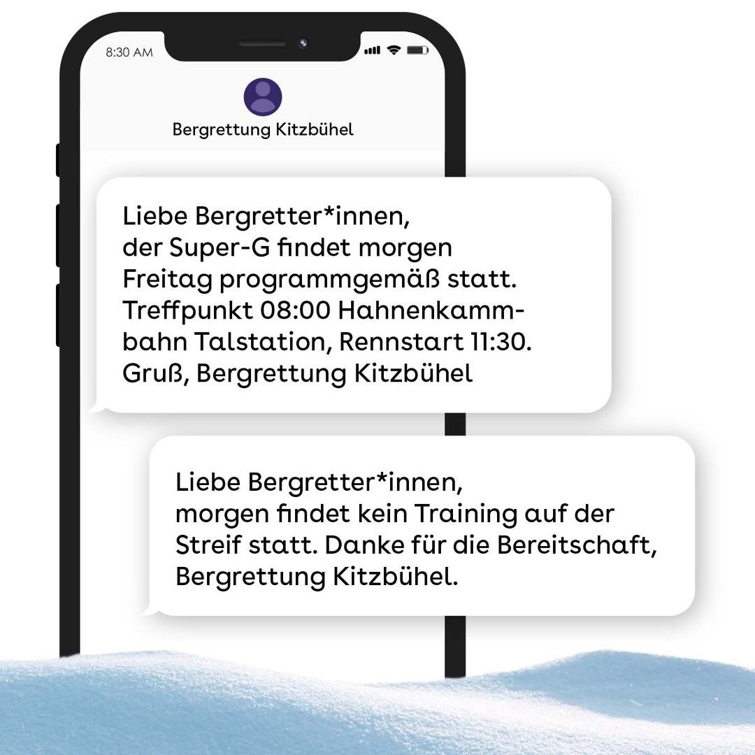 Smartphone mit geöffneten SMS-Nachrichten, wie sie die Bergrettung Kitzbühel beim Hahnenkammwochenende zur schnellen Einsatzkoordination über websms versendet.