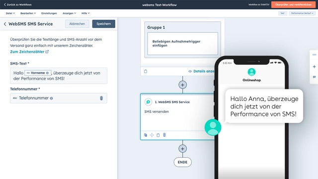websms SMS Service für HubSpot - Workflow in HubSpot