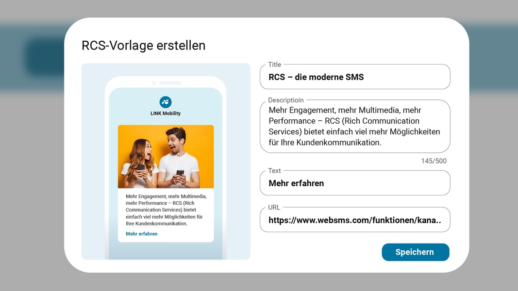Beispiel für eine RCS-Vorlage im Messaging Portal von websms. In RCS-Vorlagen können sowohl Bilder, Texte, Buttons, Platzhalter für Personalisierungen uvm. eingefügt werden.