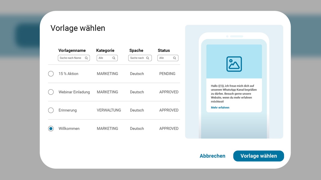 Über das Messaging Portal von websms haben Sie direkten Zugriff zu allen Ihren WhatsApp-Vorlagen