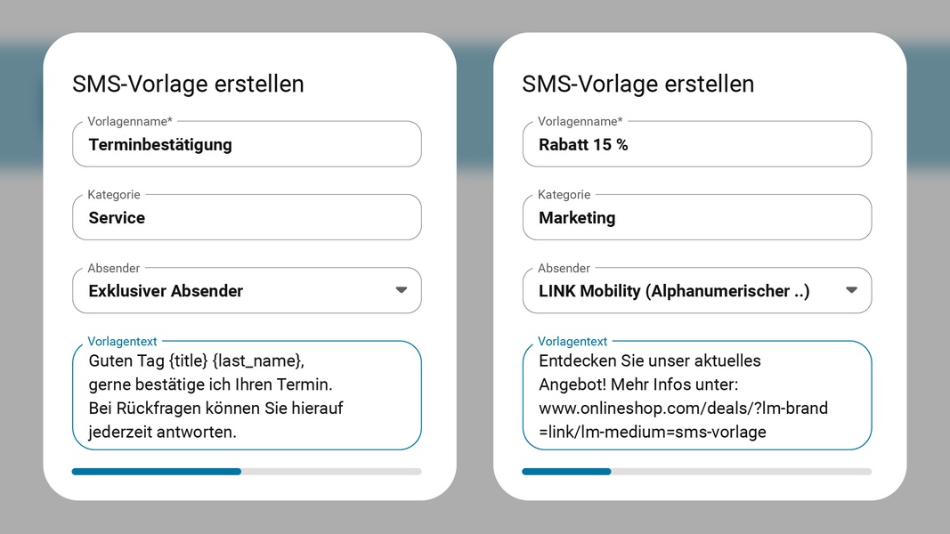 Beispiel-Vorlagen für SMS. Im Messaging Portal von websms können Sie Vorlagentexte mit Platzhaltern für Personalisierungen und automatisch geshortete URLs anlegen und einfach und schnell immer wieder versenden.