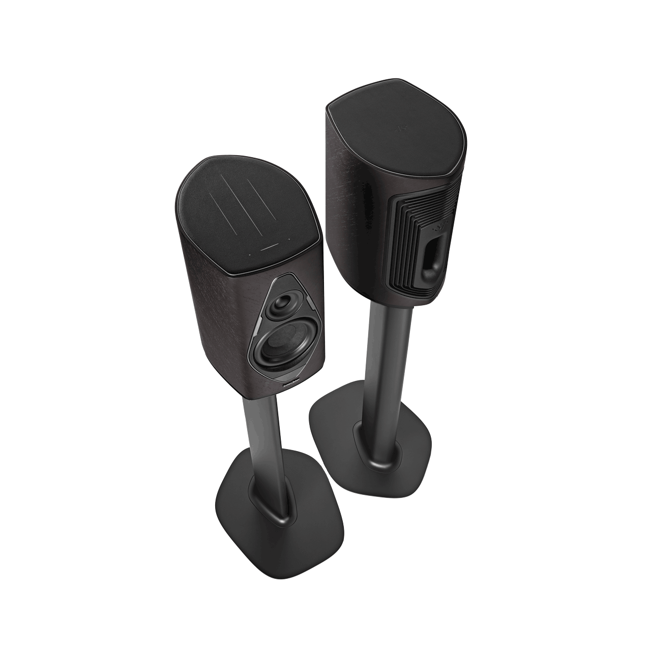 A pair of Sonus faber Duetto speakers in Graphite wood on speaker stands.