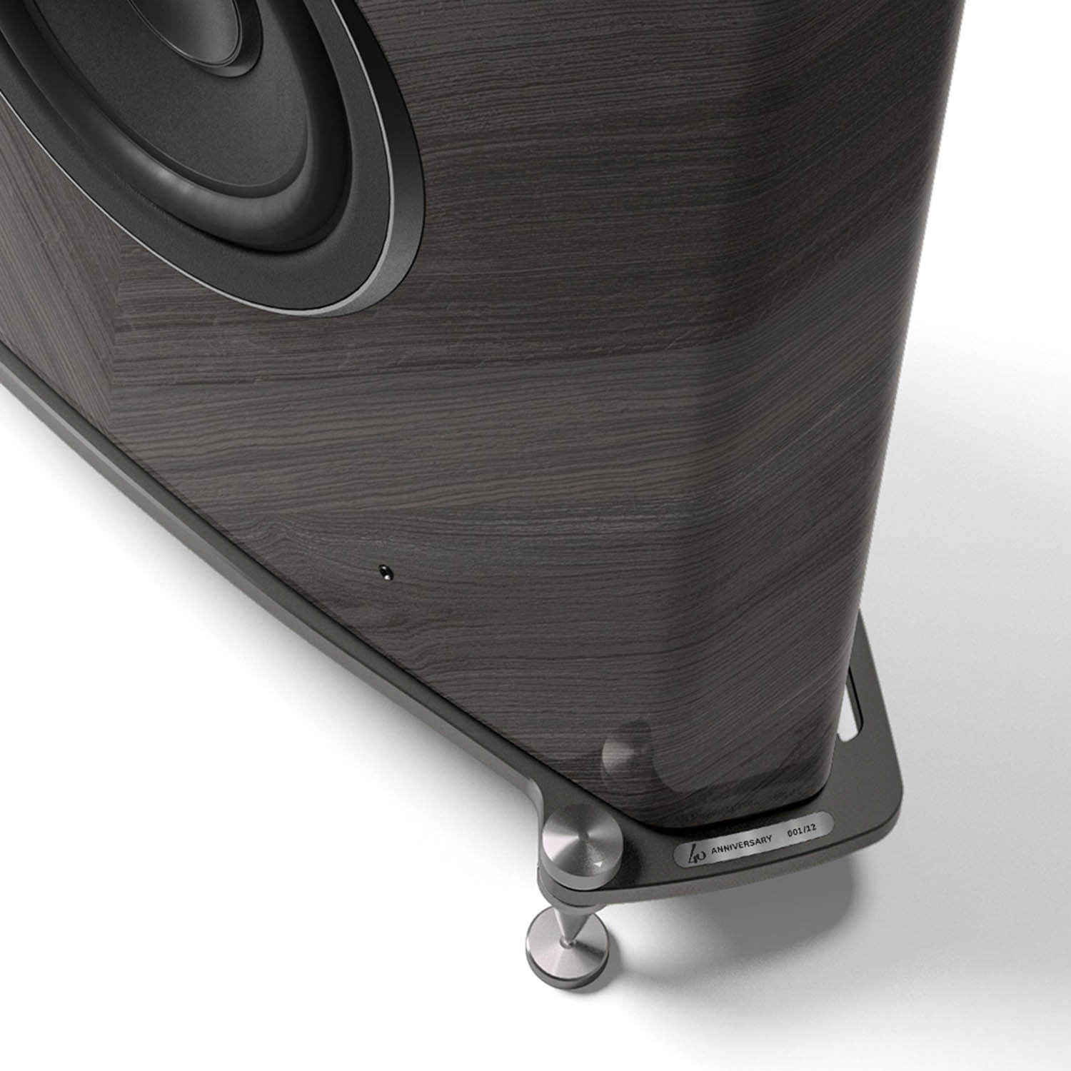 Close-up of Sonus faber Stradivari G2 floorstanding loudspeaker in graphite finish, highlighting the elegant design.