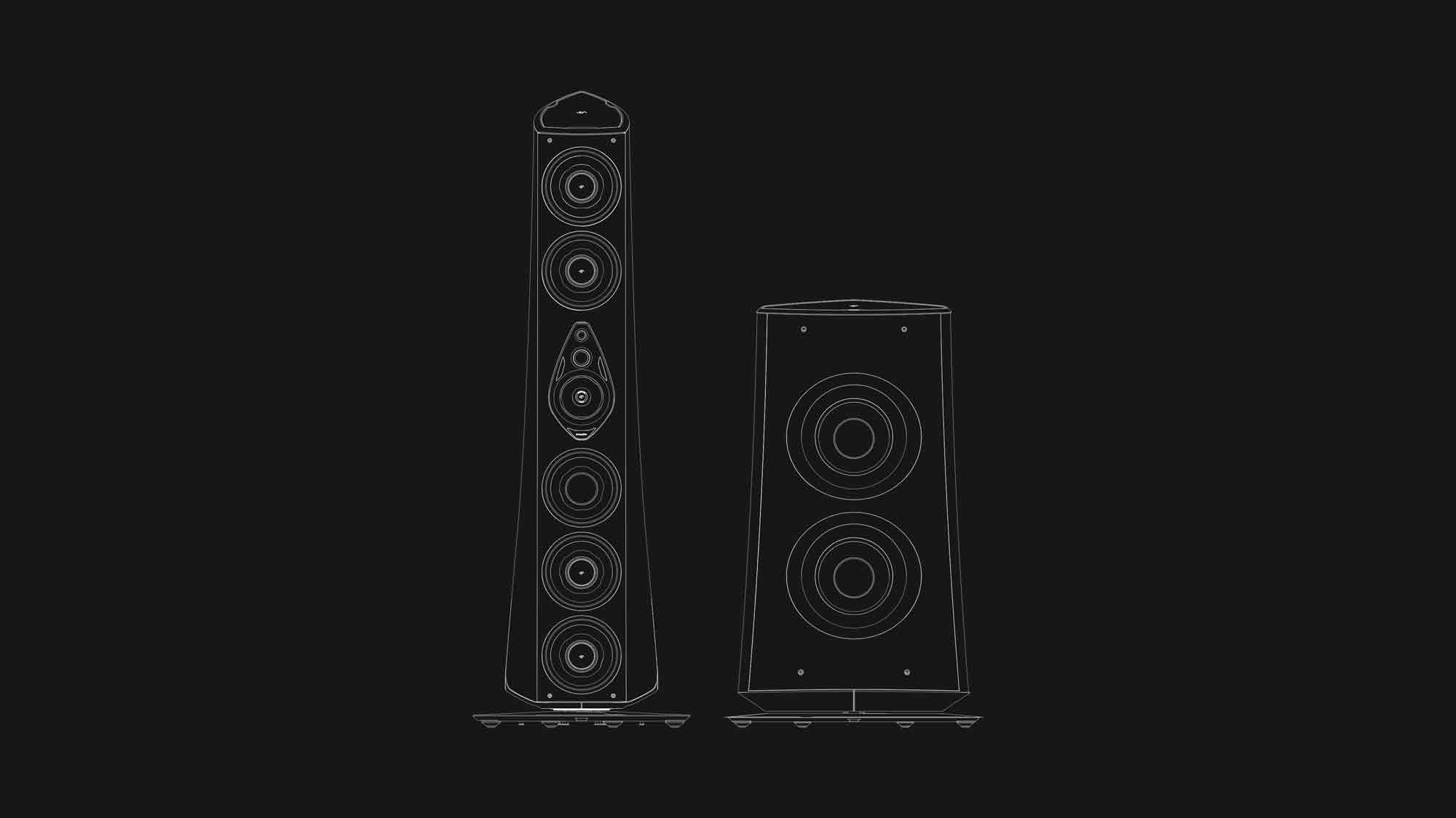 a tech drawing of the suprema floorstanding loudspeaker and column subwoofer