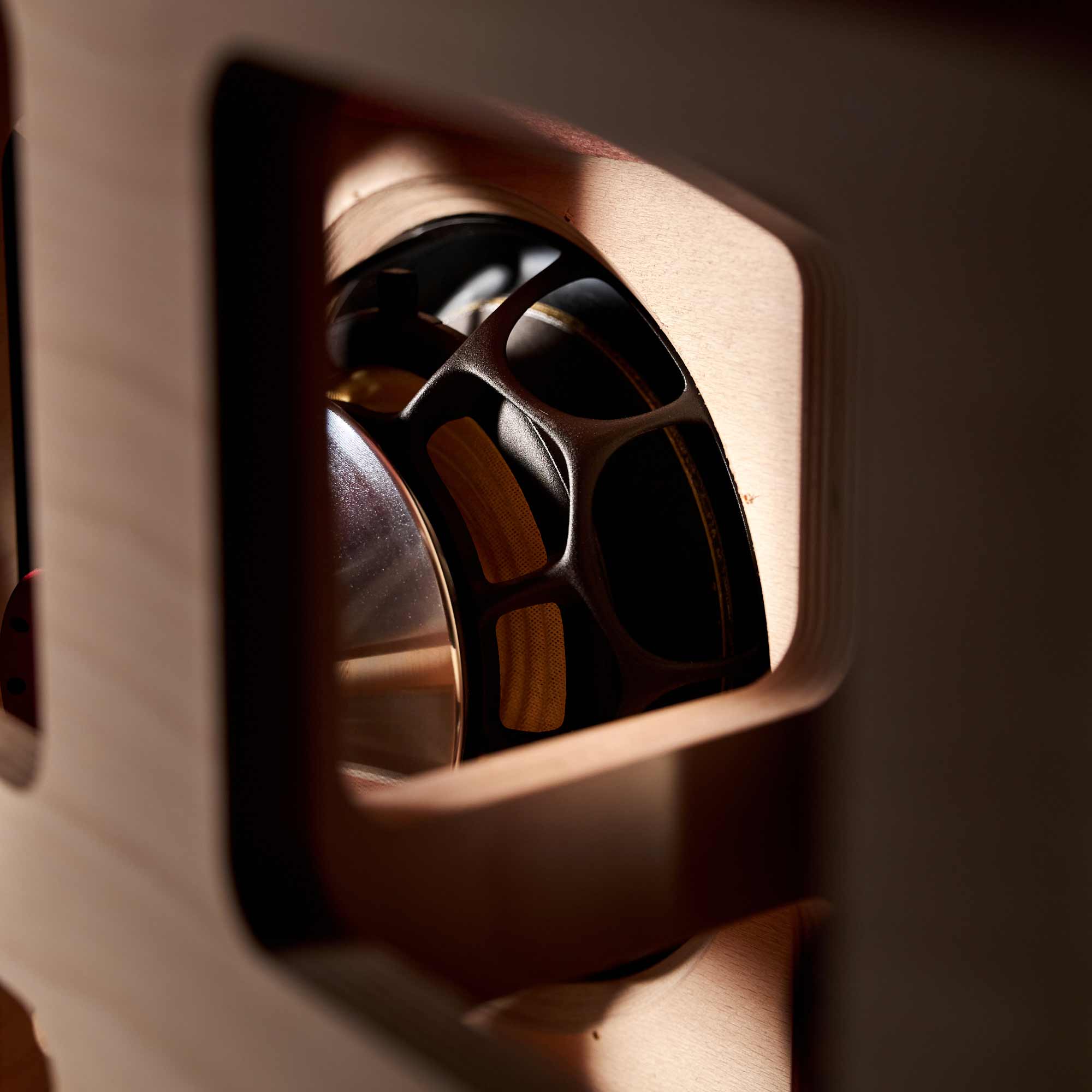 A close-up image of the interior cabinet and drivers in the Sonus faber Suprema floorstanding speaker