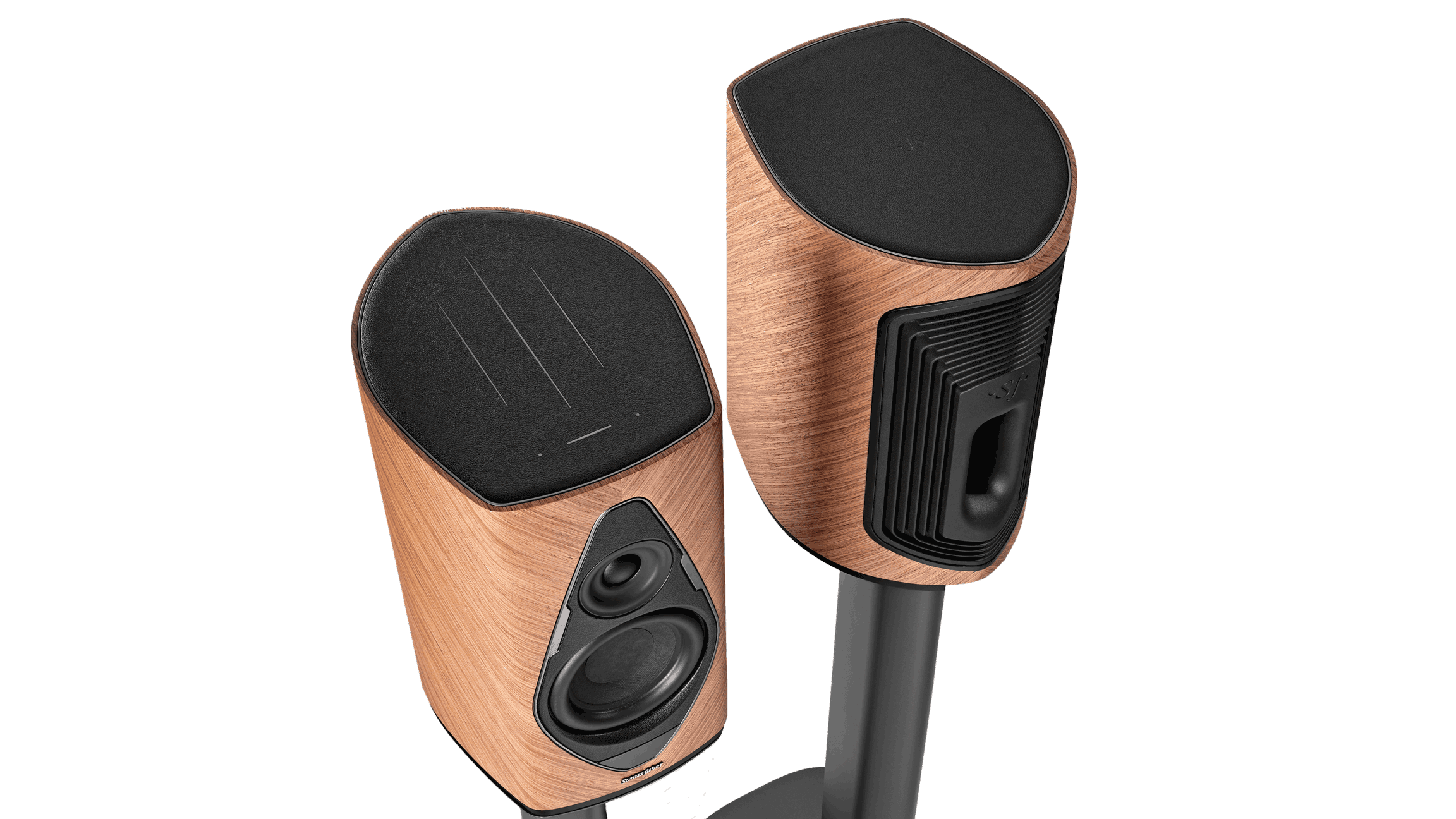 Pair of Sonus faber Duetto wireless speakers on Walnut stands, black leather finishes—elegance in every detail.