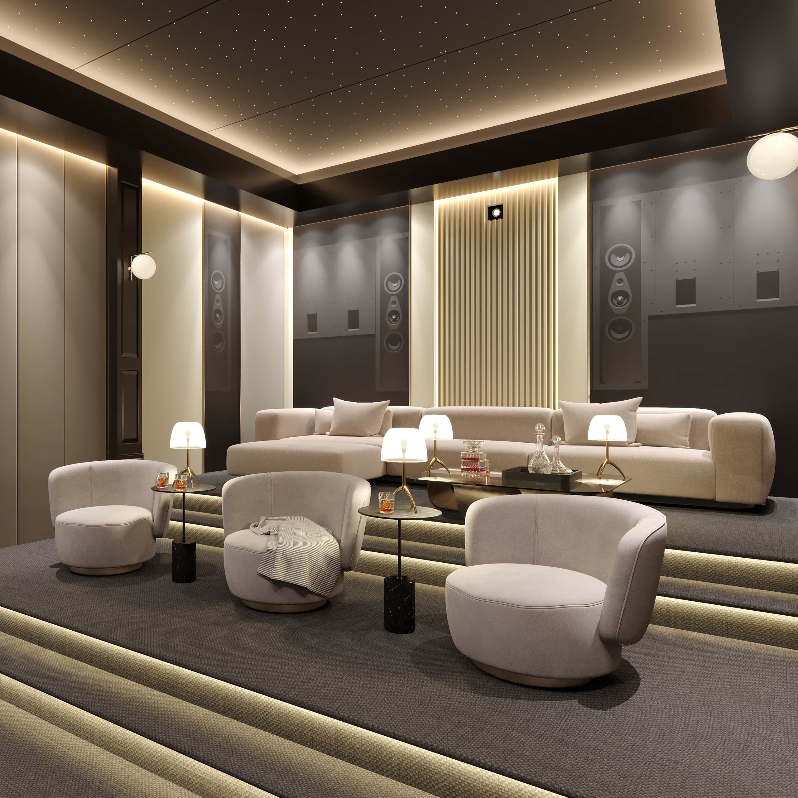 A home cinema area with tiered seating, showcasing custom-installed Sonus faber Arena Collection speakers.
