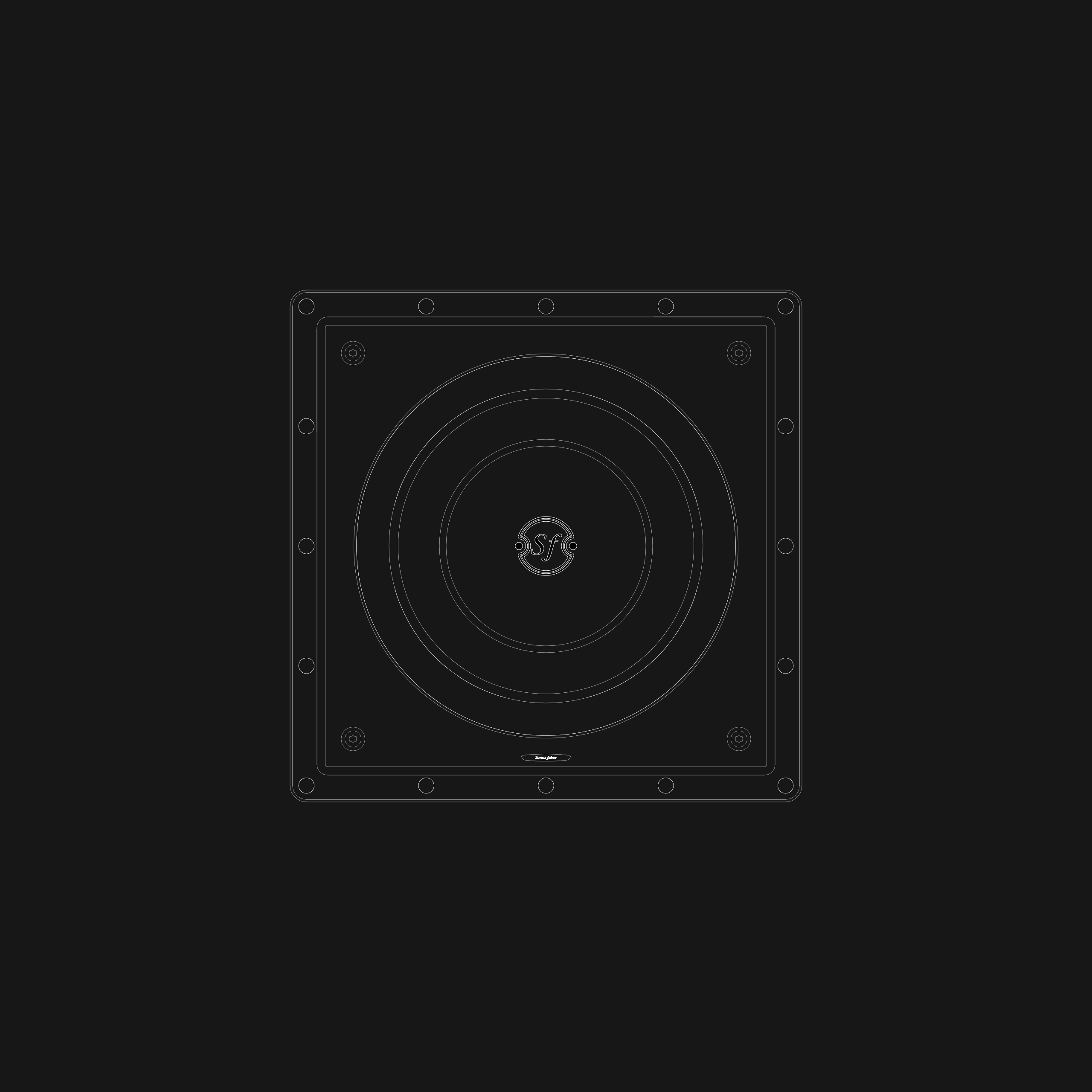 Monochromatic technical drawing of the Sonus faber PS-G101 in-wall passive subwoofer in black and white.