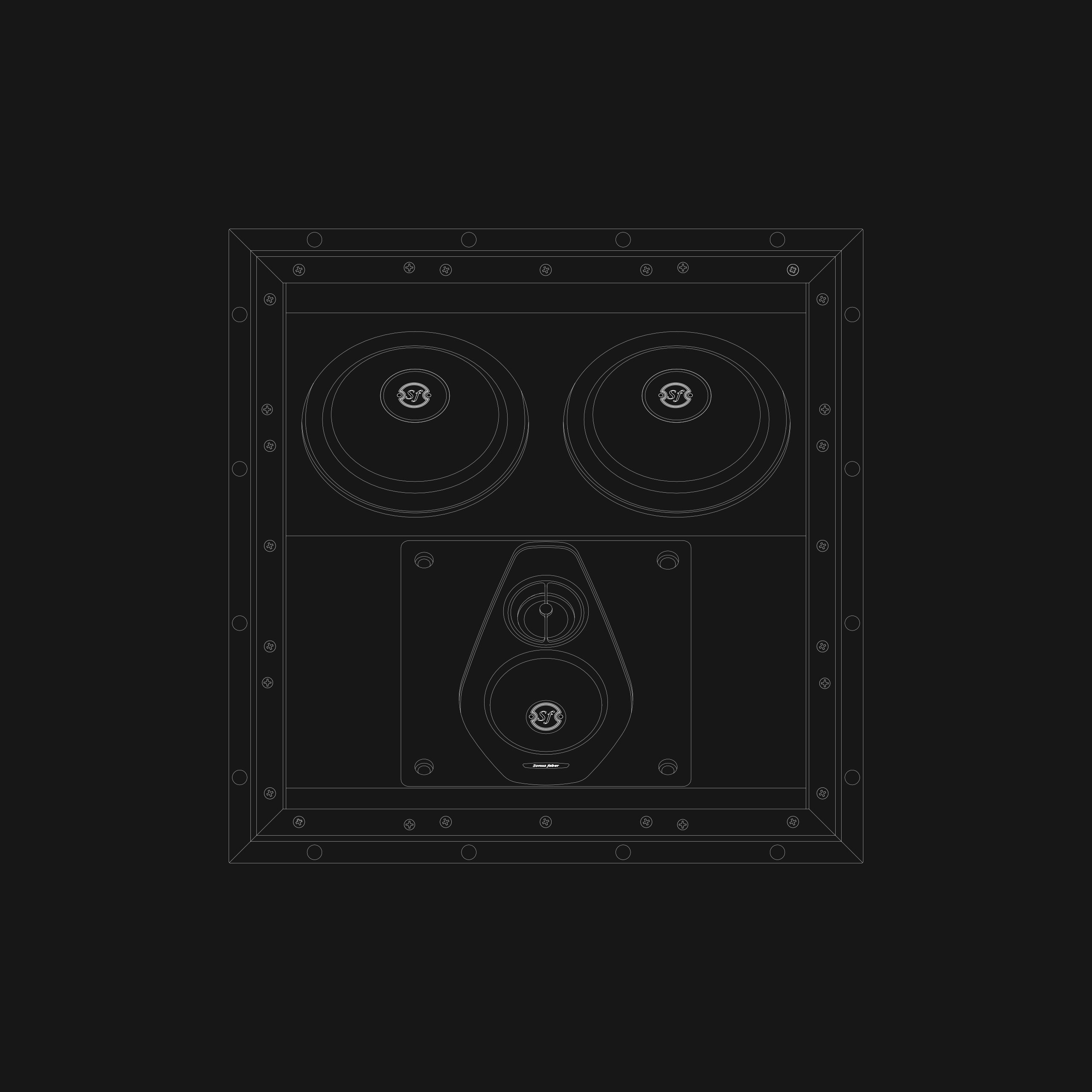 Monochromatic detailed technical drawing of the Sonus faber Palladio Collection's PC-664P.