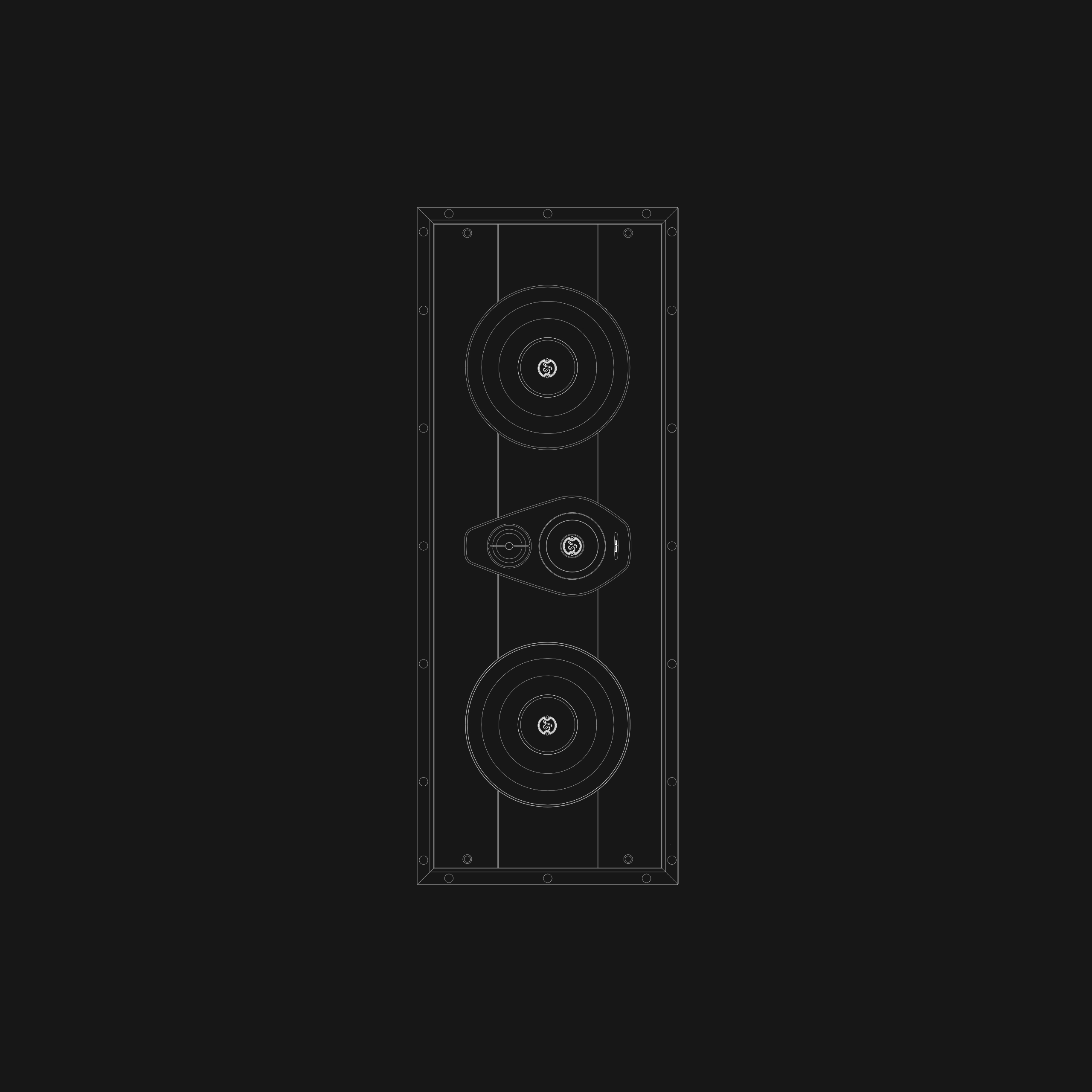 Technical drawing of the Sonus faber PL-664: 3-way left/right/center in-wall speaker in black and white.