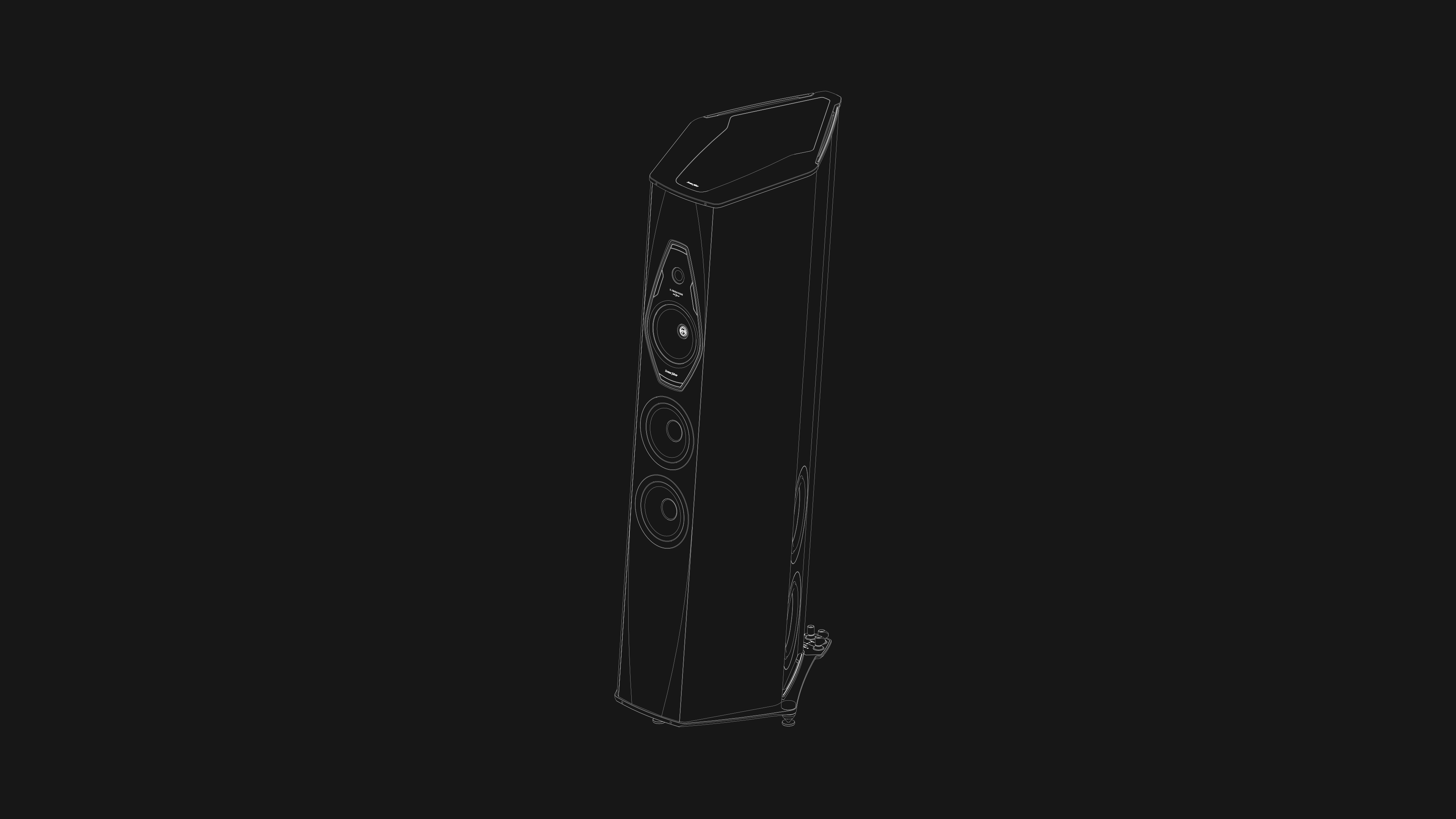Black and white tech rendering of the Sonus faber Il Cremonese Ex3me speaker, showcasing its sleek and elegant design.