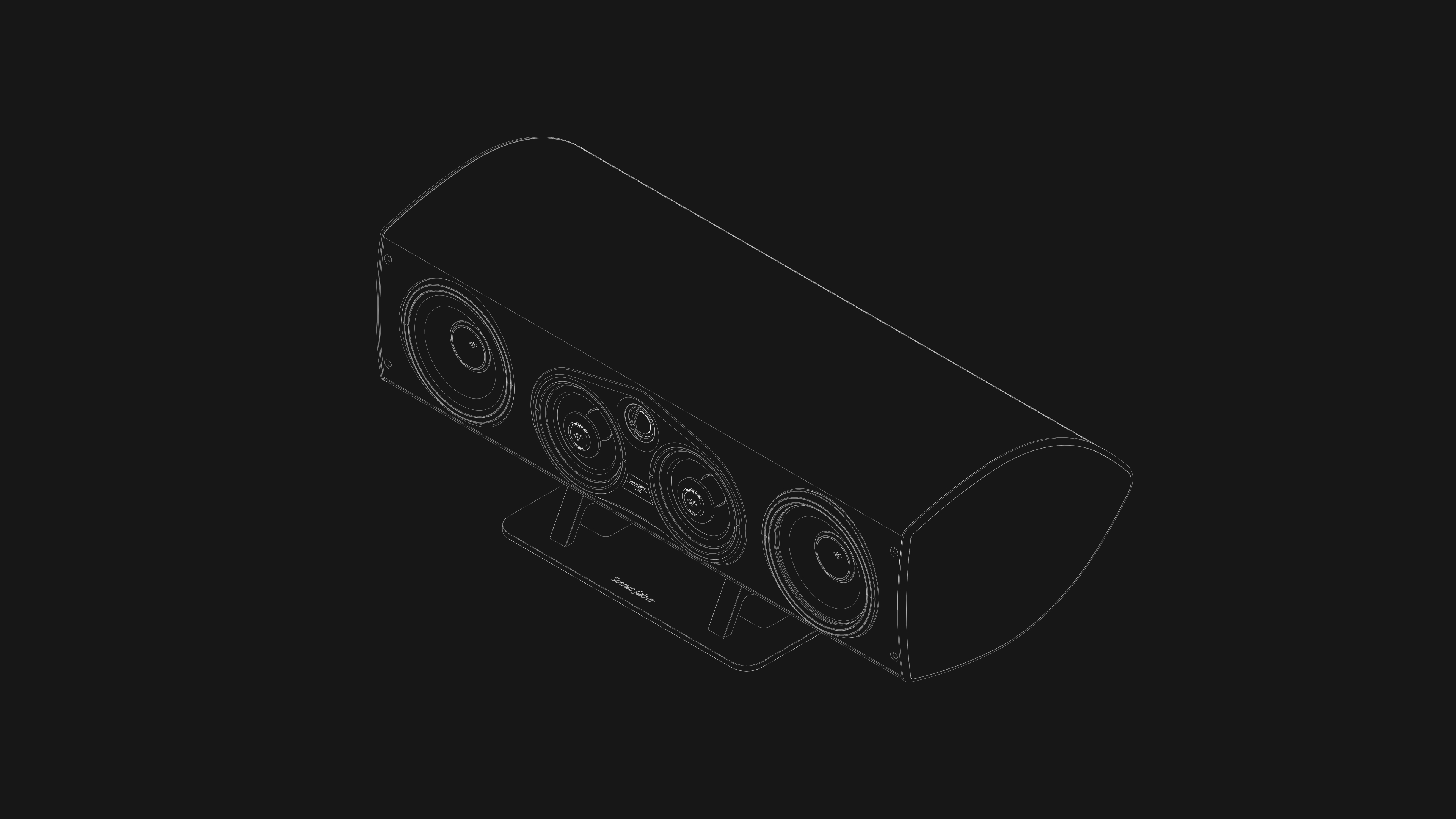 Monochrome technical drawing showcasing intricate details of Sonus faber's Vox G3 home cinema speaker.