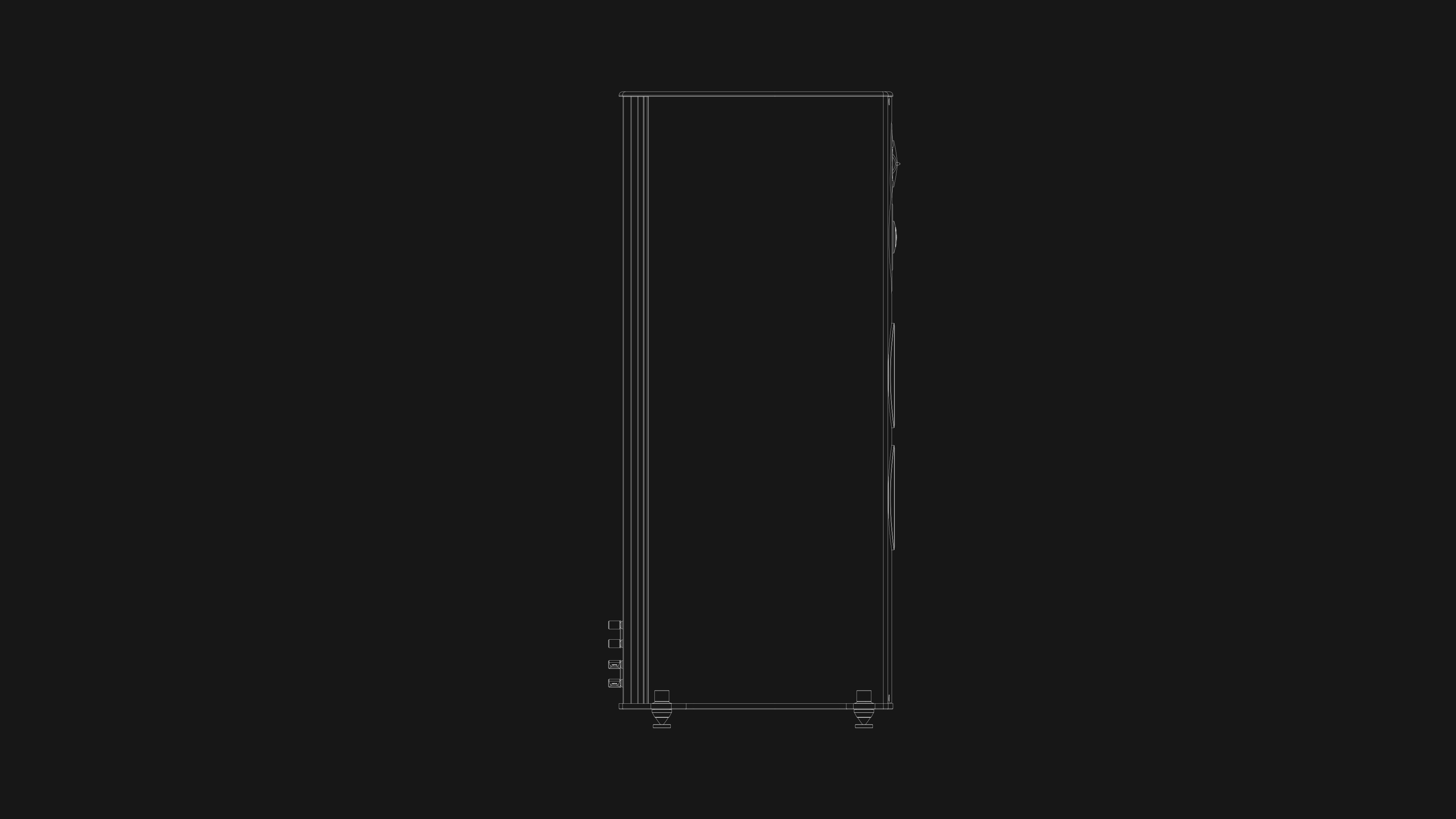Side view sketch in black and white showcasing Sonus faber's Serafino G2 floorstanding speaker with visible ports.