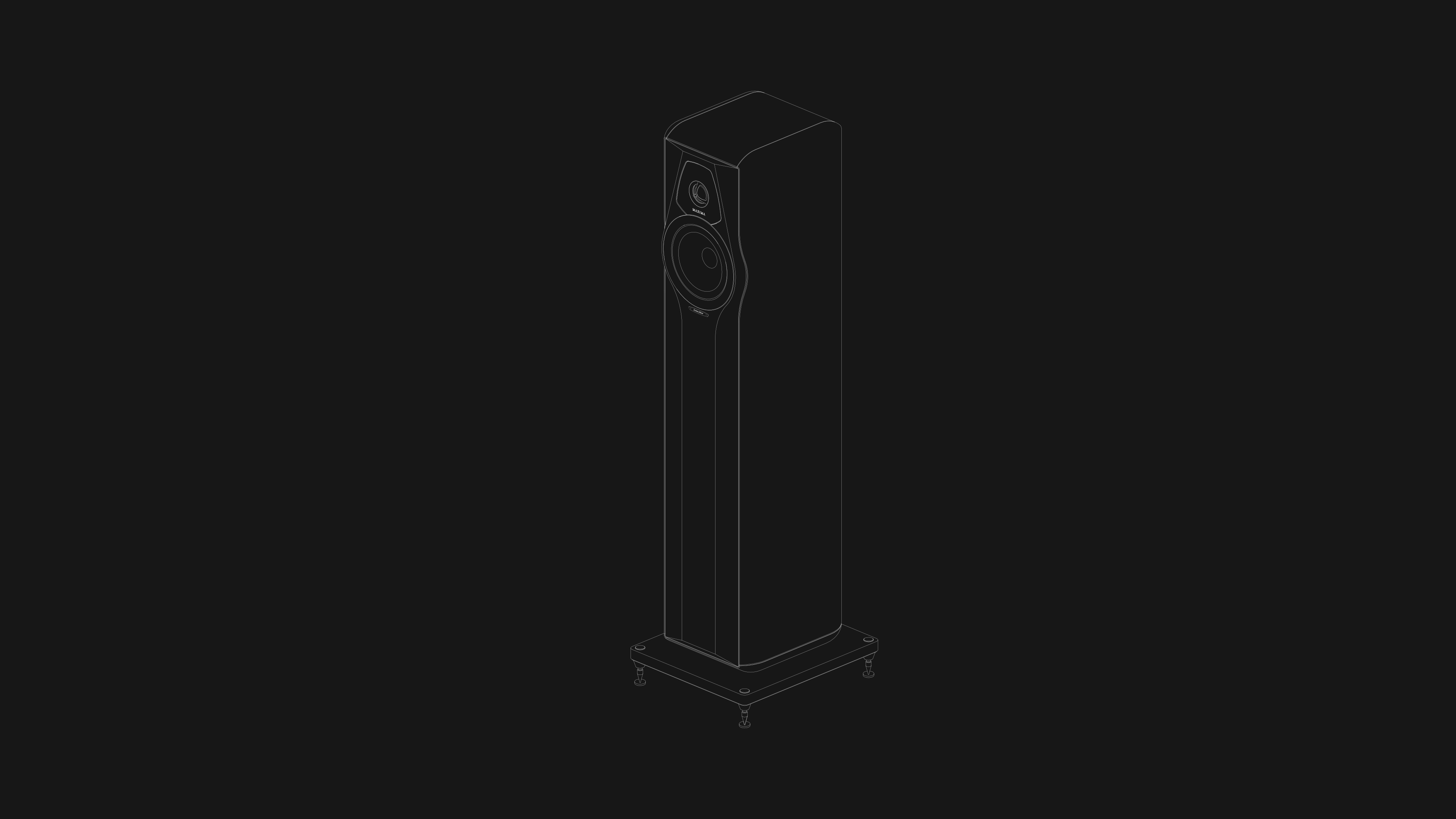 Black and white rendering of the Sonus faber Maxima Amator floorstanding loudspeaker showcasing its elegant Italian design.