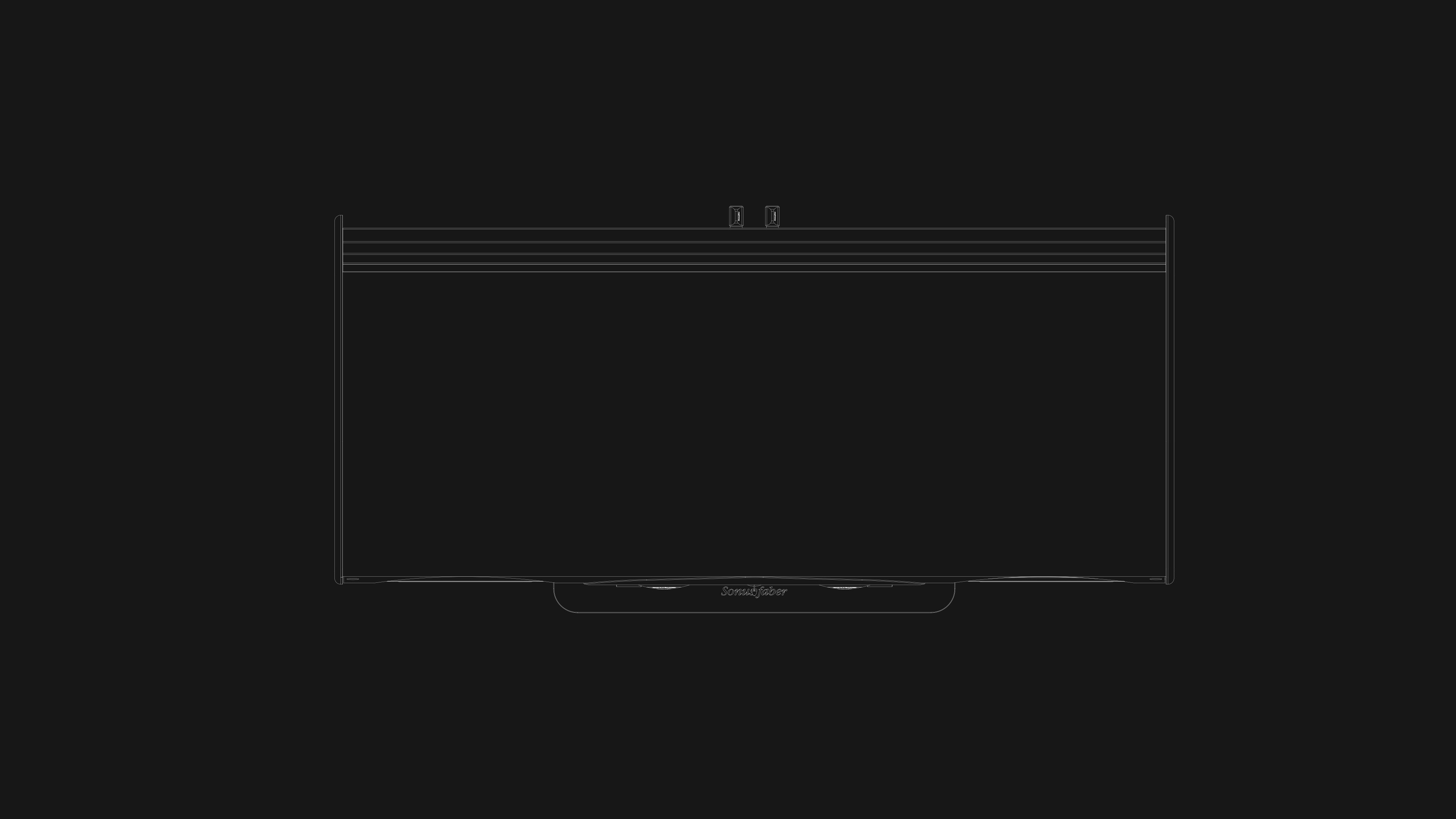 Aerial black and white technical drawing illustrating the features of Sonus faber's Vox G3 home cinema speaker.