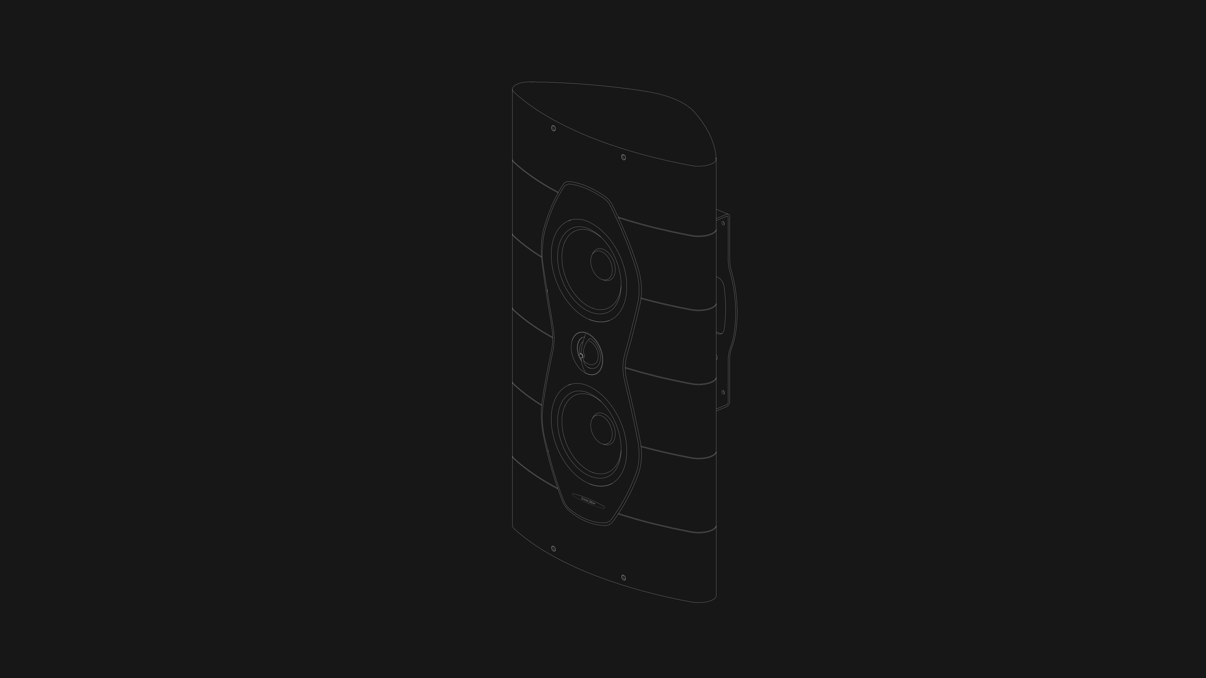 Black and white technical drawing of Sonus faber's Olympica Nova W on-wall speaker, revealing its sleek Italian design.