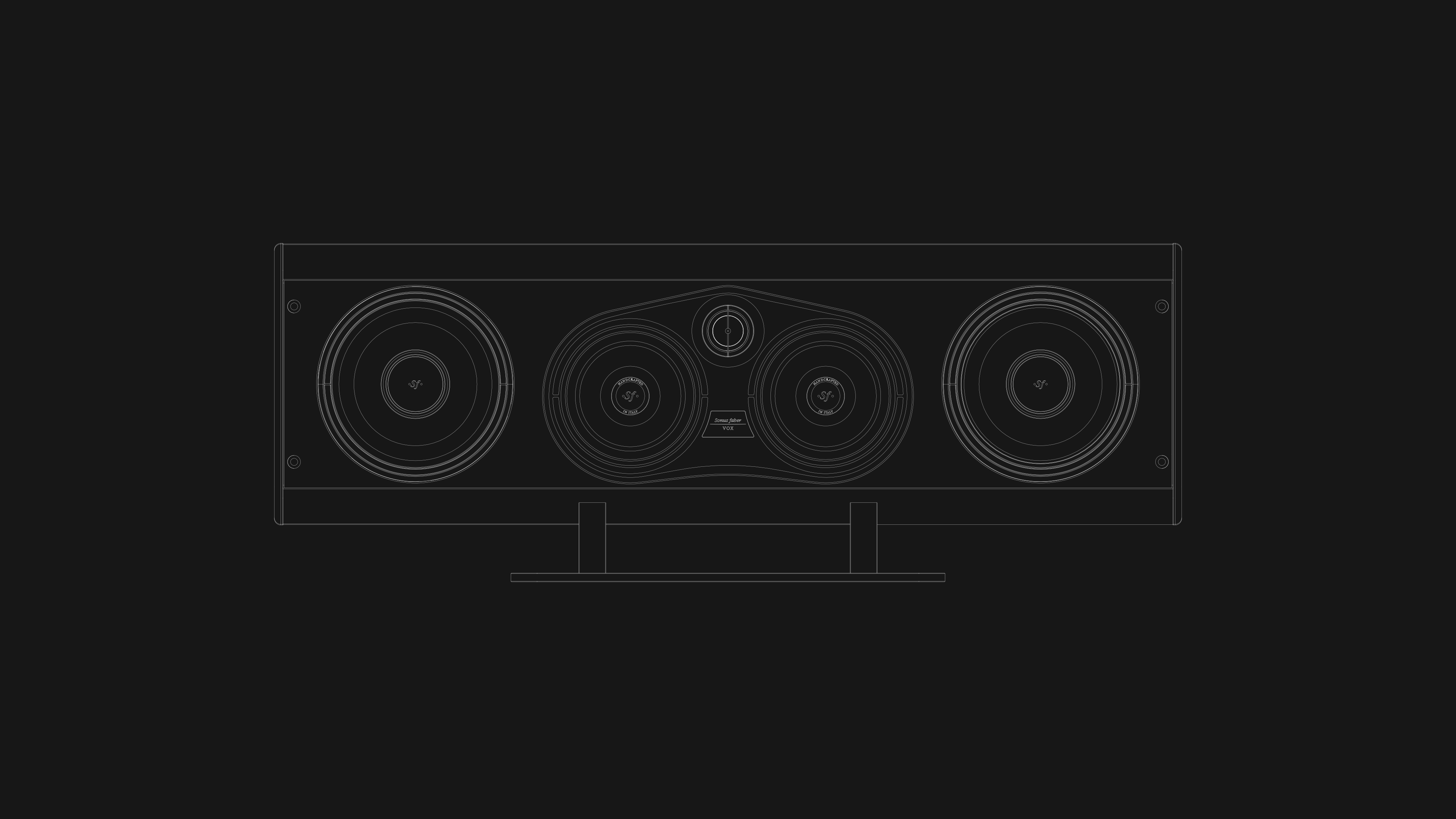 Monochrome technical drawing highlighting the front details of Sonus faber's Vox G3 home cinema speaker.
