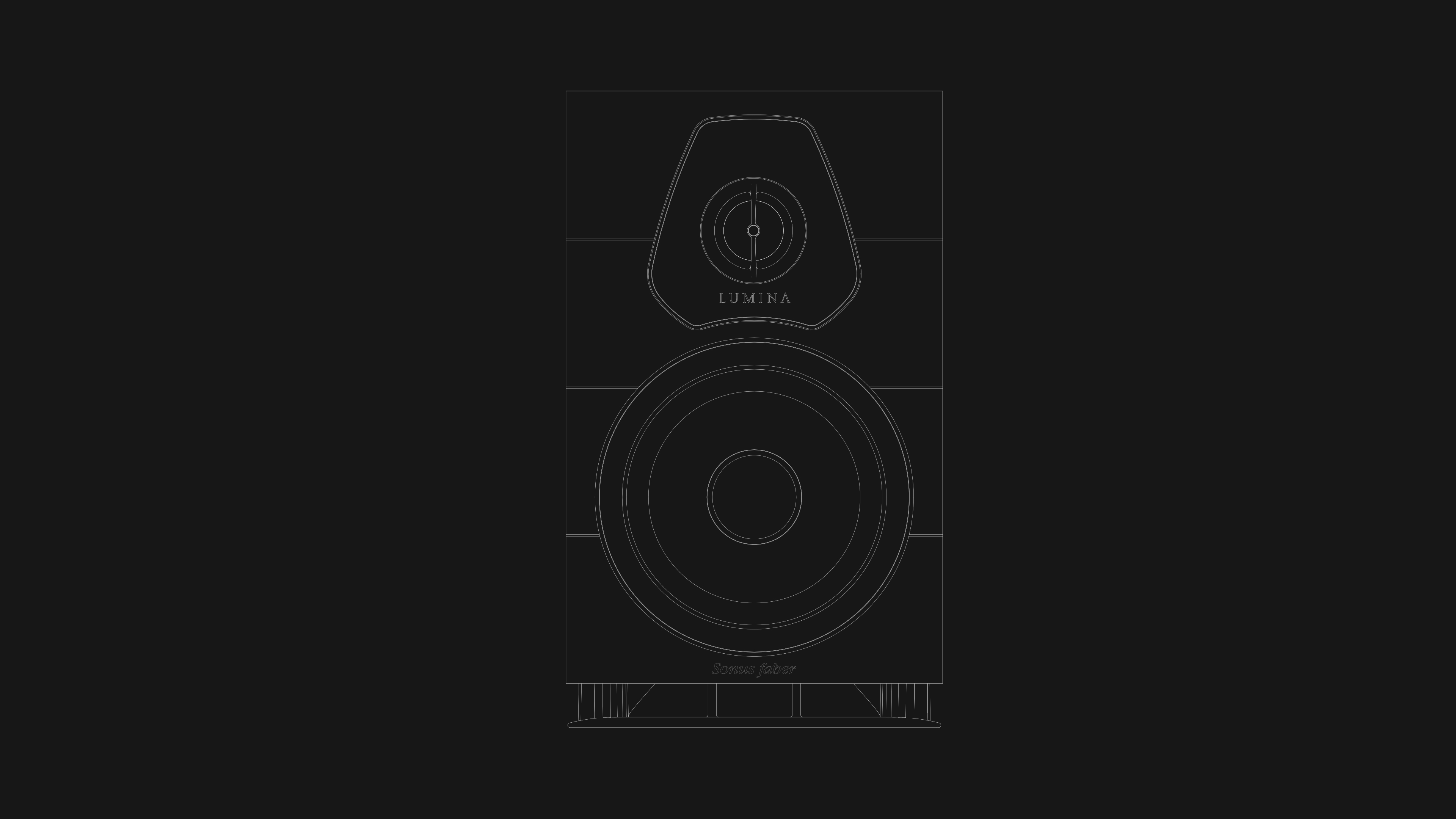 Monochromatic technical drawing of the Sonus faber Lumina II Amator bookshelf speaker, showcasing its sleek design.