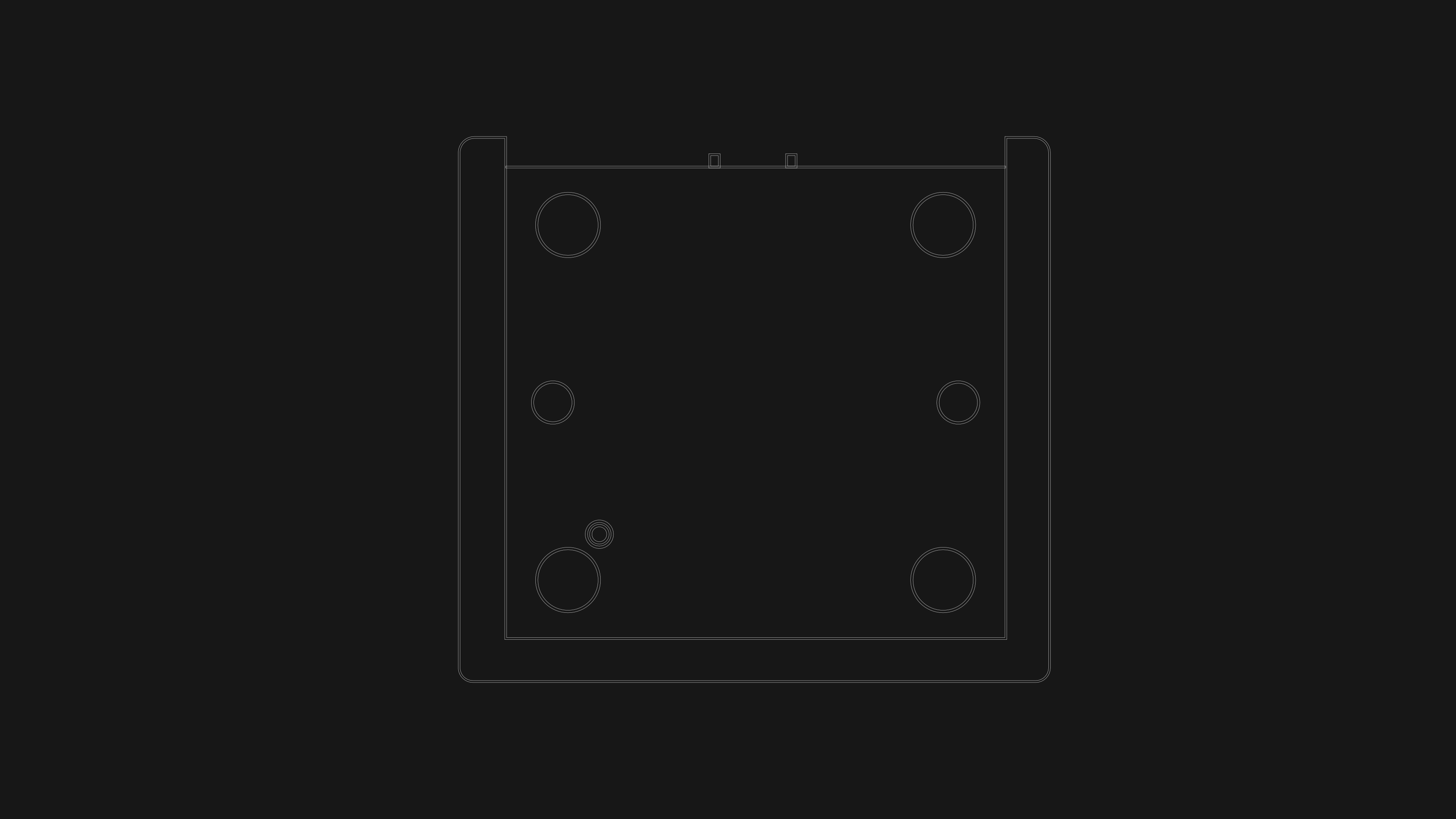 Black and white tech sketch of the bottom view of a Sonus faber Transmitter, showcasing the sleek and compact design.