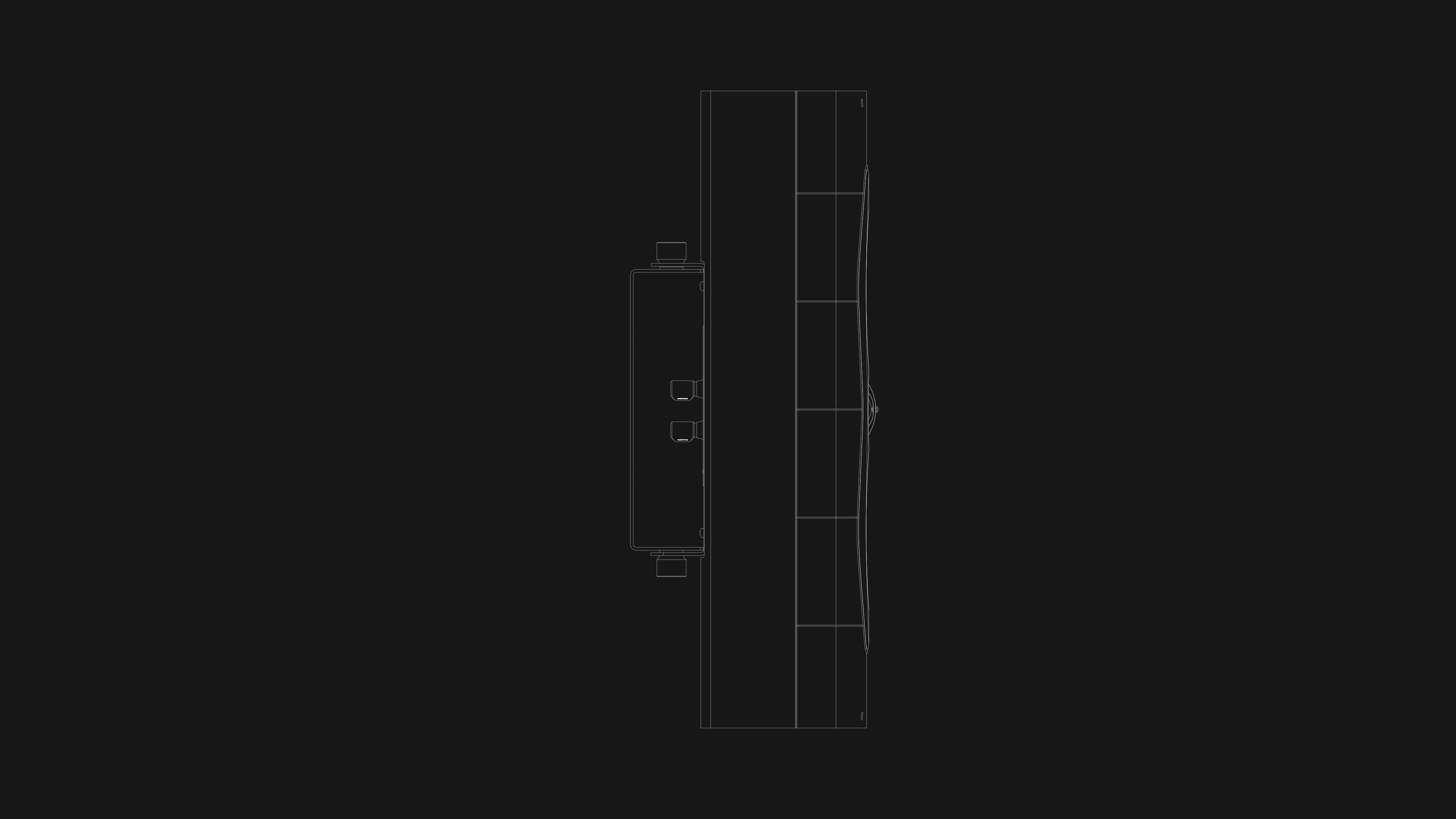 Black and white technical drawing of Sonus faber's Olympica Nova W on-wall speaker, revealing its sleek Italian design.