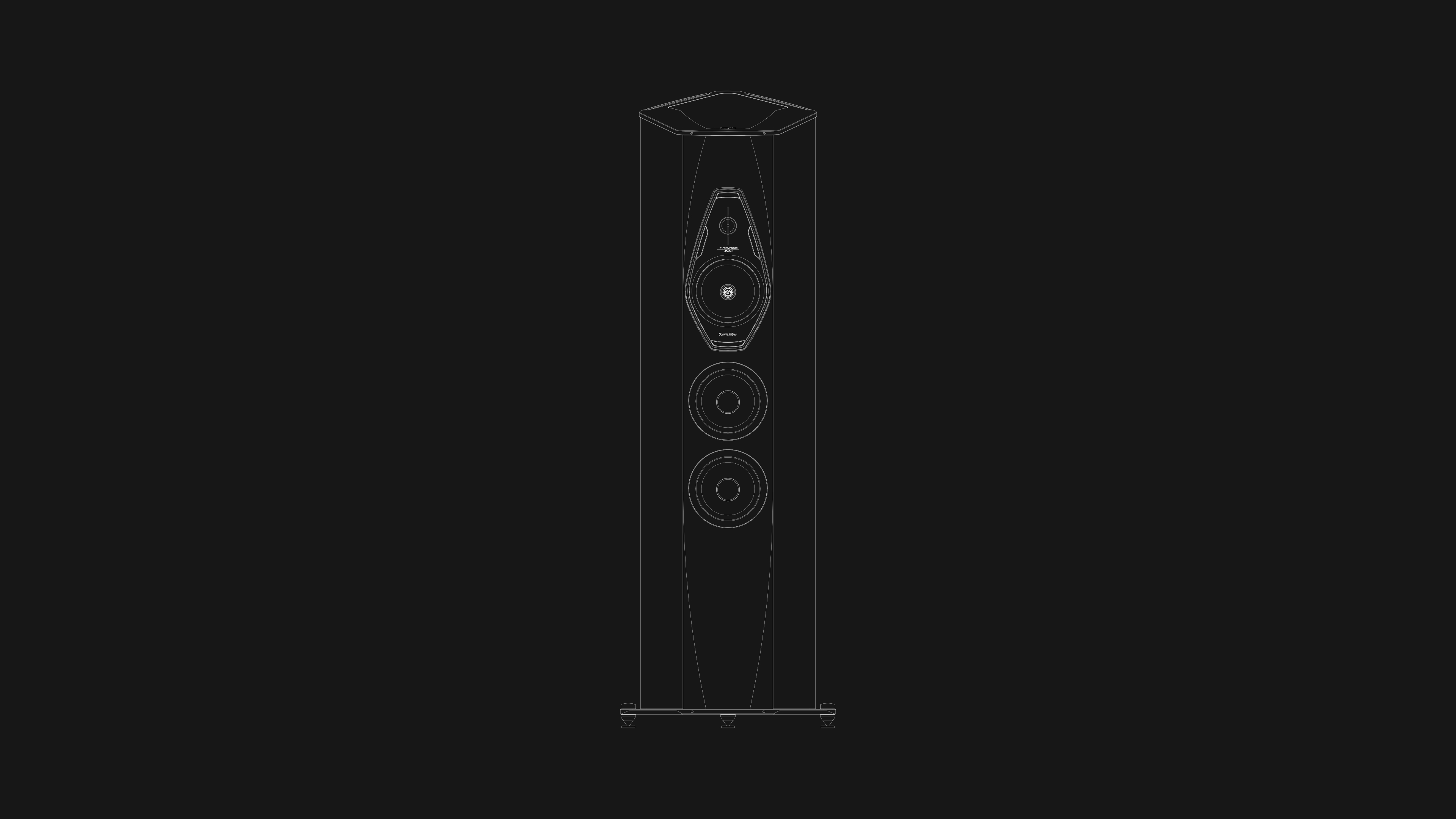 Front black and white tech drawing of Sonus faber Il Cremonese floorstanding speaker, showcasing its sleek, clean design.