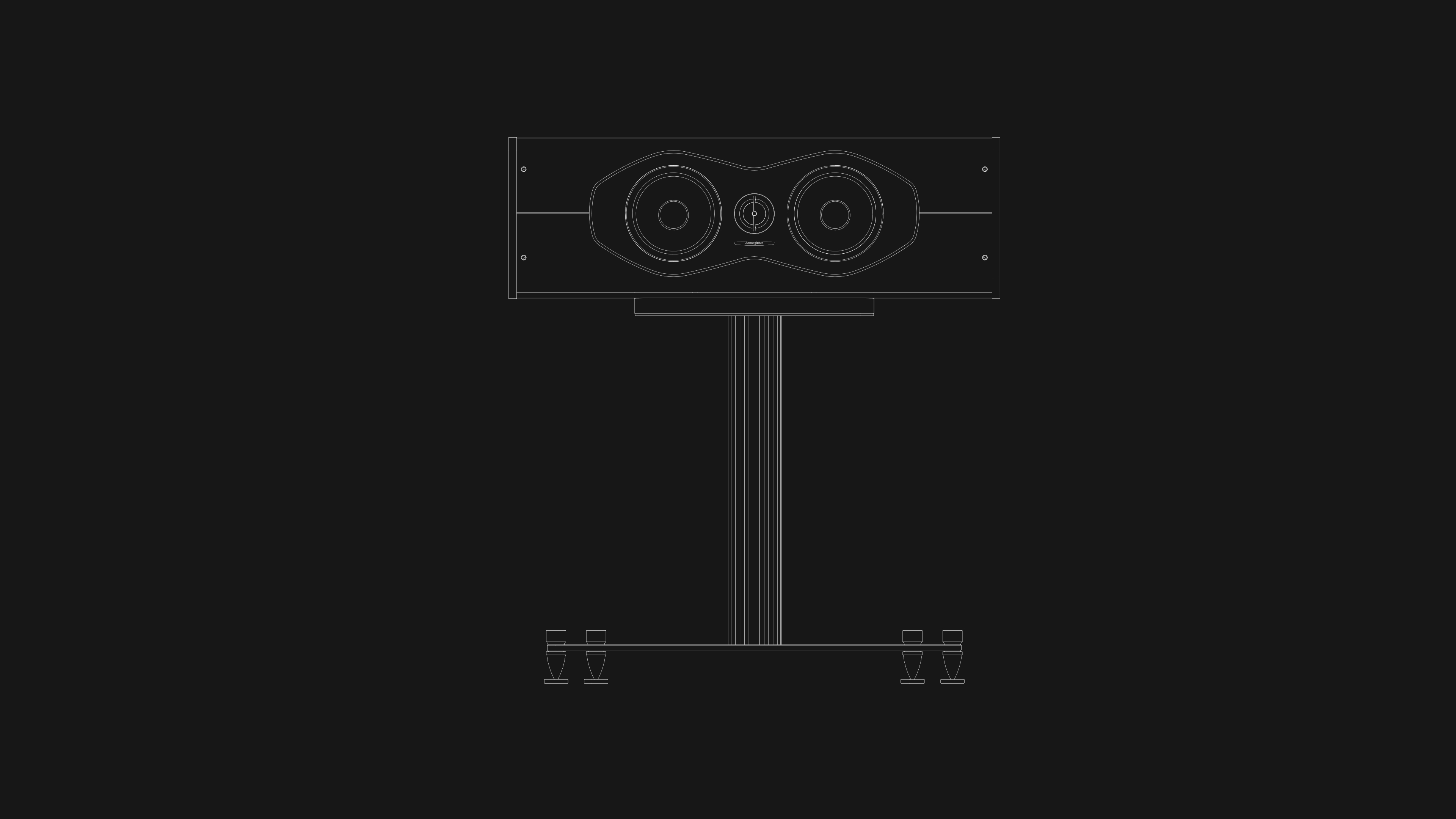 Front black and white drawing of Sonus faber Olympica Nova CI center channel speaker, showcasing its unique Italian design.