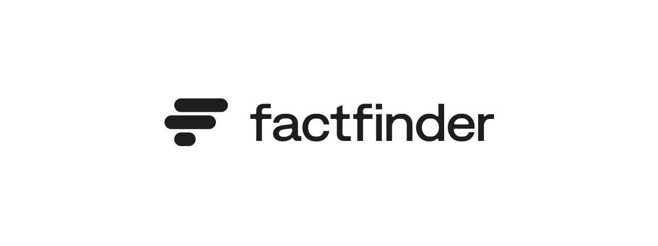 The image shows the "factfinder" logo with three horizontal black lines forming an F shape next to the word "factfinder" in lowercase black text.