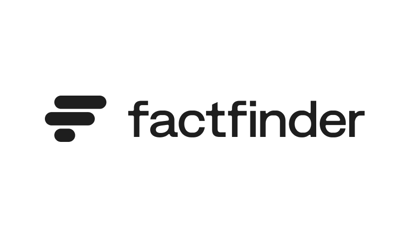 The image shows the "factfinder" logo with three horizontal black lines forming an F shape next to the word "factfinder" in lowercase black text.
