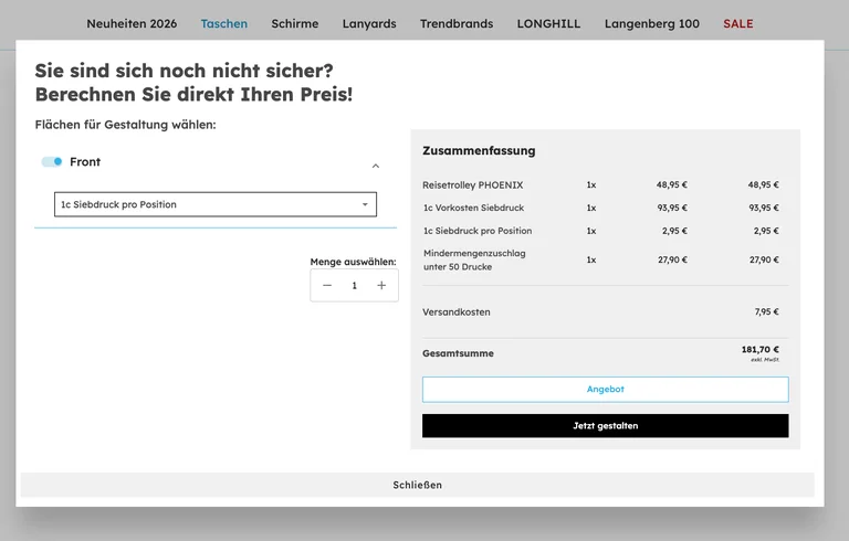Website screenshot showing a price calculator for a bag design with a summary of costs in German, including shipping and total amount.