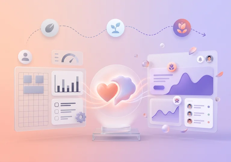 Abstract illustration of floating graphs, icons, and charts connected by dotted lines, centered around a glowing heart and speech bubble.