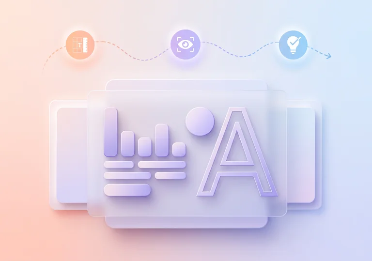 3D illustration of a document with chart and letter 'A' icons, connected by a dotted line to symbols of design, vision, and ideas on a gradient background.