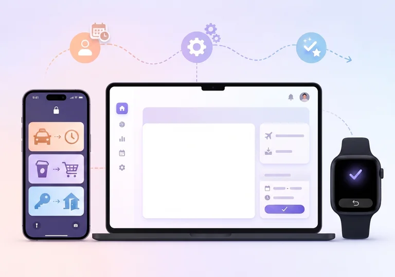 Smartphone, tablet, and smartwatch displaying a connected workflow app interface with icons for scheduling, shopping, and tasks.