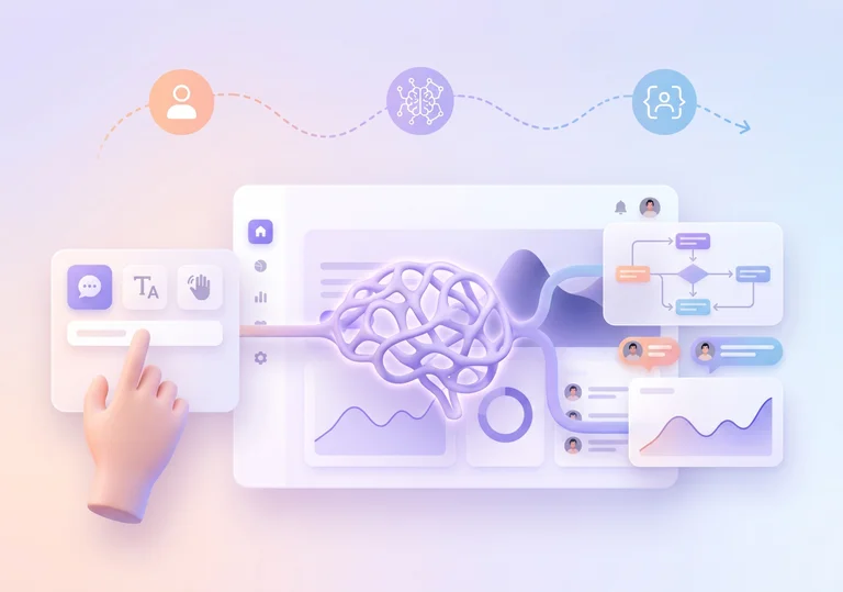 A digital illustration of a neural network interface with icons, flowcharts, graphs, and a finger pointing at a communication tool.