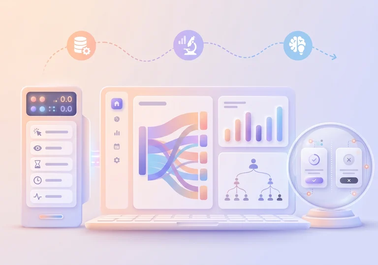 Abstract illustration depicting data analysis and AI processes with charts, graphs, and flow diagrams displayed on digital screens.