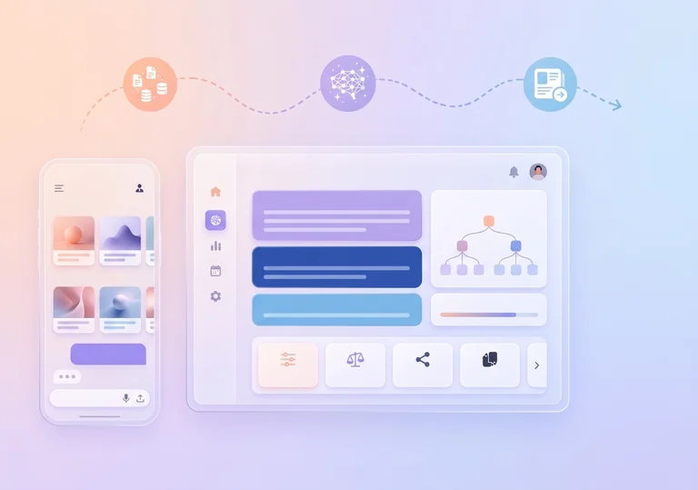 Mobile and tablet user interface design displaying a flowchart, text blocks, settings icons, and a progress bar in pastel colors.
