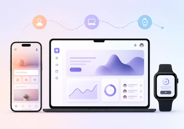 Smartphone, laptop, and smartwatch displaying synchronized user interfaces. Icons above indicate user, computer, and watch connections.