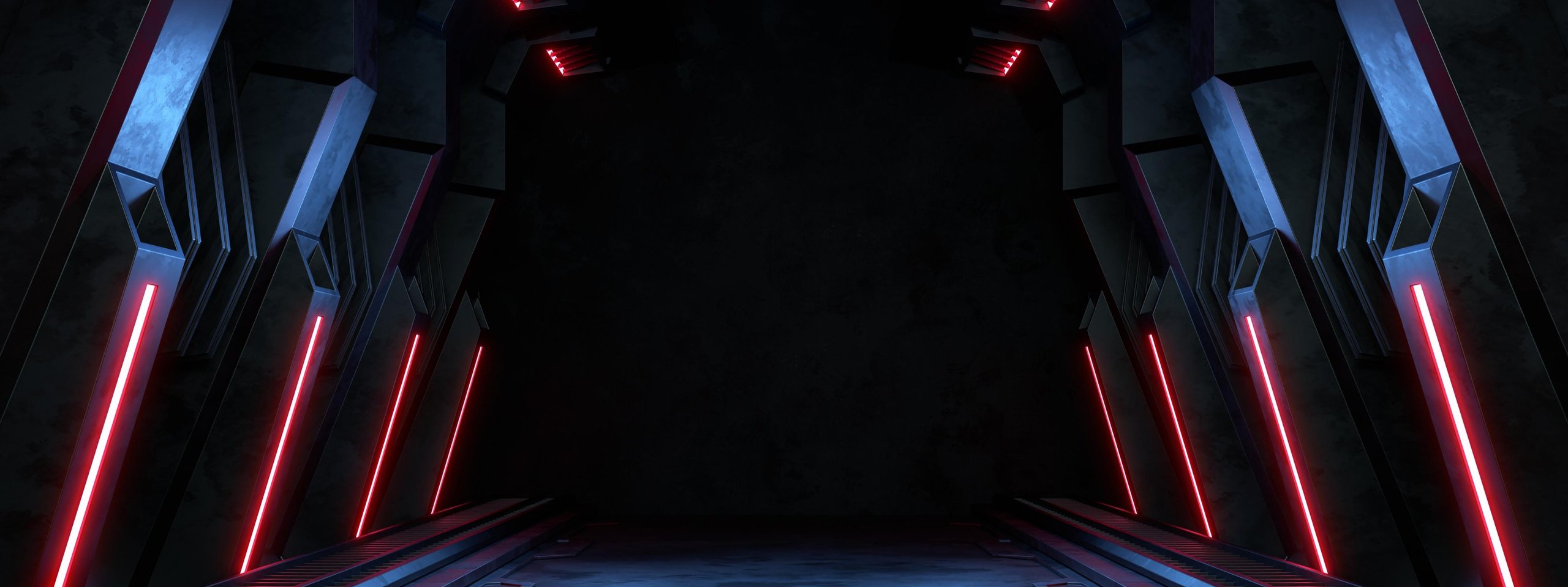 Dunkler futuristischer Korridor mit roten Neonlichtern in einer Science-Fiction-Umgebung